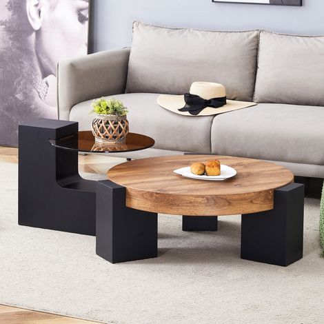 Tavolino basso rotondo impilabile Ø61/44 x H30/44 cm nero/legno, 2 livelli, MDF e vetro MEUBLIV (1/5)