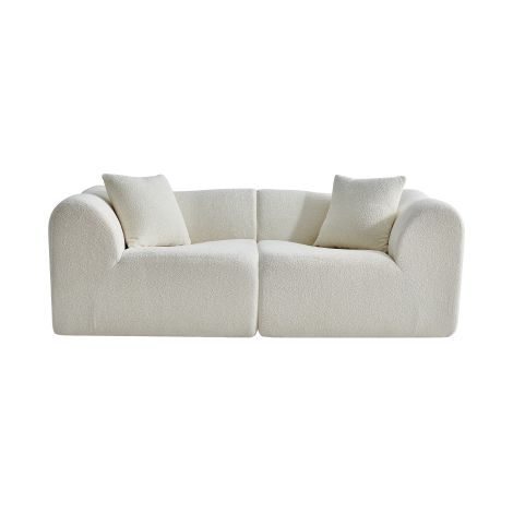 Canapé droit 2 places en velours beige avec 2 coussins, design minimaliste compressé