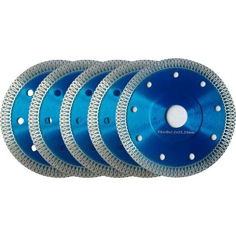 Disque Diamant 115mm, Lot de 5 Disque à Tronçonner Diamanté Ø115 x 1,2 mm x 22,23 mm, pour Meuleuse d'angle, Coupe de Porcelaine, Carrelage, Granit, Marbre, Céramique, Béton Renforcé, Bleu (1/5)