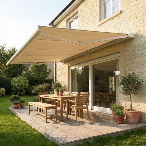 Store banne coffre intégral HEVOA (Motorisation à télécommande + Manœuvre de secours + LED - Blanc RAL 9010 - Écru 250g/m² - 4.05 x 3.50 m)