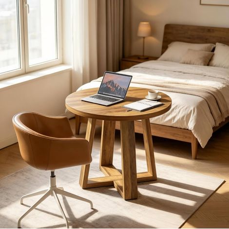 Table ronde en MDF marron Ø 80 cm, 2-4 personnes, style rustique moderne (1/5)