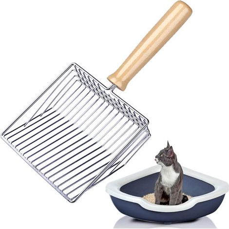 Pala para arena de gato con mango de madera - Pala metálica de 28 cm para una higiene cómoda de su gato. (1/5)