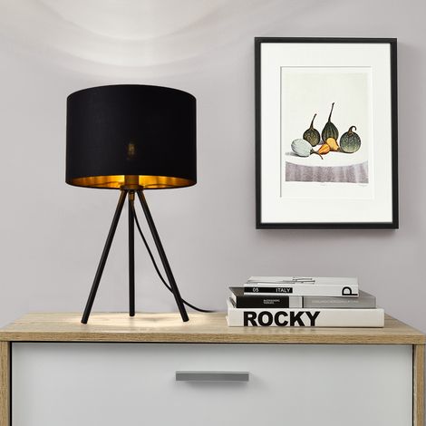 Lampe de Bureau Metz Trépied E14 Métal Tissu Hauteur 51 cm Noir Doré [lux.pro] (1/4)