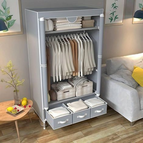 Armoire à vêtements portable avec porte roulante, penderie, rangement en tissu non tissé, trois tiroirs, montage sans outil - 170 cm x 90 cm x 45 cm (Gris)