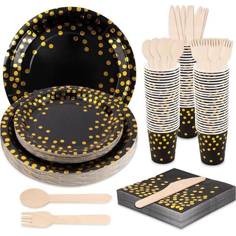 200 pièces vaisselle jetable, noir et or, design élégant pour mariages, fêtes et événements festifs