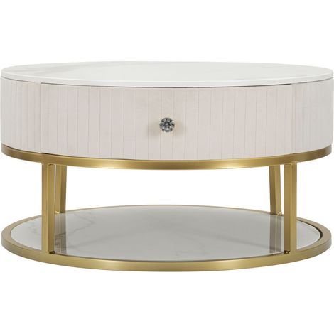 Tavolino da caffè rotondo Montpellier crema in velluto e ferro dorato — Ø 75x36 cm