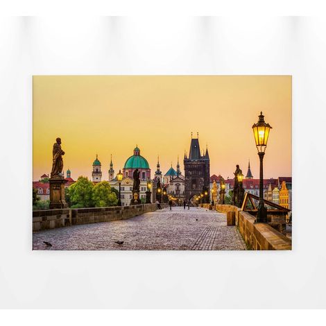 Tableau multicolore pont avec coucher de soleil | Tableau sur toile coloré ville de Prague | Tableau paysage Charles Bridge - 0,9 x 0,6 m (1/5)