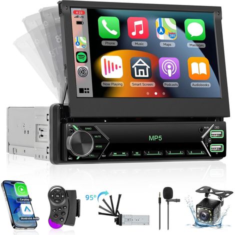 1 DIN Écran Tactile Autoradio avec sans Fil Android Auto, 7 Pouces Bluetooth 1 Din Retractable Poste Radio Voiture 1Din Lecteur, Lien Miroir Radio FM Caméra Recul EQ USB/Type-C SWC (1/5)