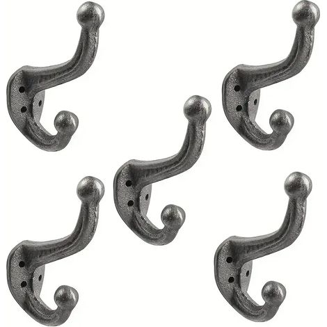 Juego de 5 ganchos de pared de hierro fundido Diseño de doble cabezal Negro antiguo Decoración vintage Almacenamiento para ropa y sombreros (1/5)