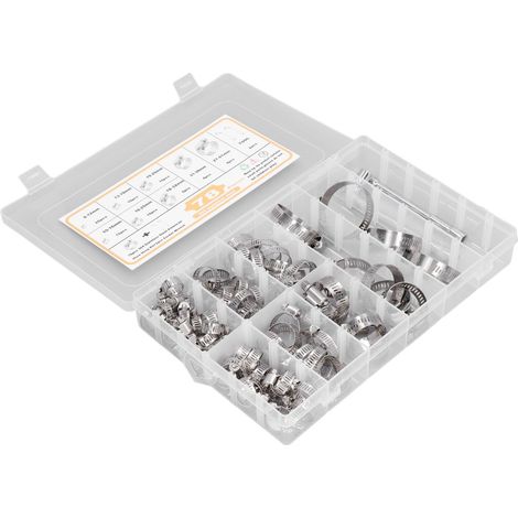 Set mit 78 Schlauchschellen, 6–51 mm, 8 Ausführungen, Edelstahl, Zubehörset für Rohre und Schläuche (1/5)