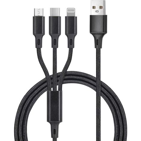 Cable cargador 3 en 1 (USB Tipo C, conector Lightning y micro USB) nylon trenzado 1,2M