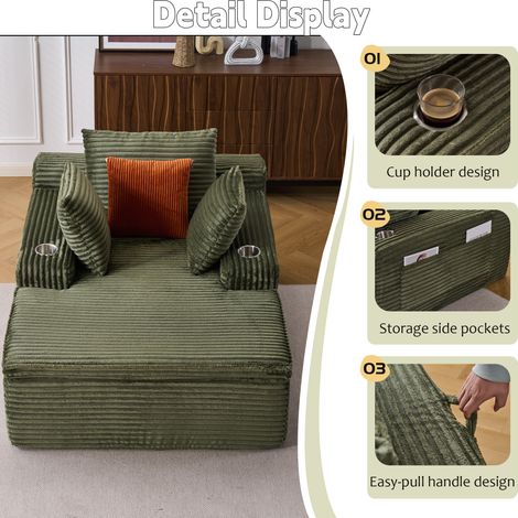 Canapé nuage sans pieds convertible en lit, méridienne moelleuse pour salon, 3 coussins + 1 plaid, vert, sans assemblage requis. (1/5)