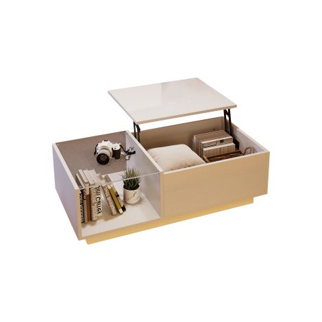 Table basse LED — Table de salon haute brillance (Hauteur réglable, avec rangement dissimulé et étagère)