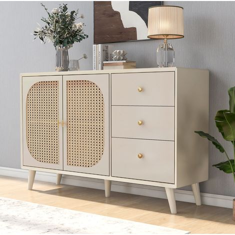Credenza in truciolare off white con 2 ante, 3 cassetti e gambe in pino massello, 120x40x82.5 cm (1/5)