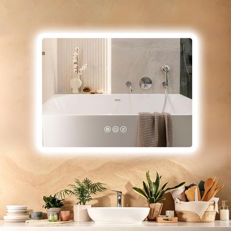 Badspiegel mit Beleuchtung 120x70cm – LED Badezimmerspiegel mit Anti-Beschlag, Touch-Schalter, Dimmbar, 3 Lichtfarben, IP44 Badezimmer Spiegel, für Wandmontage horizontal oder vertikal
