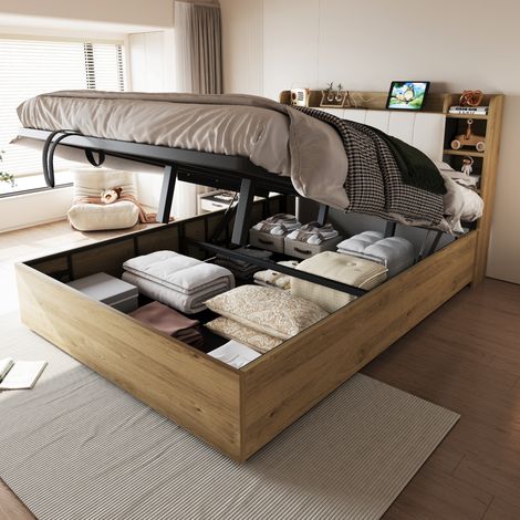 Lit hydraulique en bois 180 x 200 cm avec rangement tête de lit, port USB & prise Type-C, lit double/simples, couleur naturelle (sans matelas) (1/4)