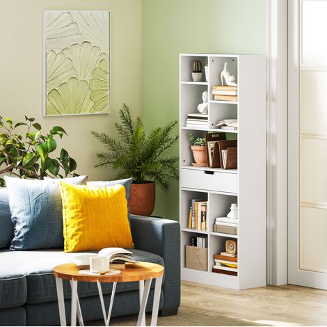 Scaffale con 9 ripiani, 1 cassetto, antiribaltamento, 60 x 26 x 158 cm, bianco DESVIAE (1/5)