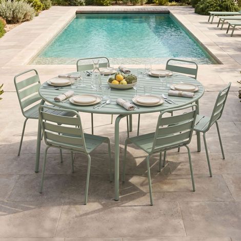 Ensemble table de jardin 180 cm + 6 chaises en métal vert - BACA (1/5)