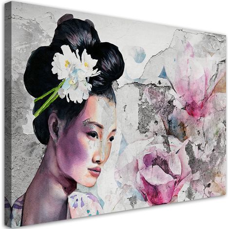 Quadro su tela, Ritratto di una geisha sul vecchio muro - 90x60 (1/5)