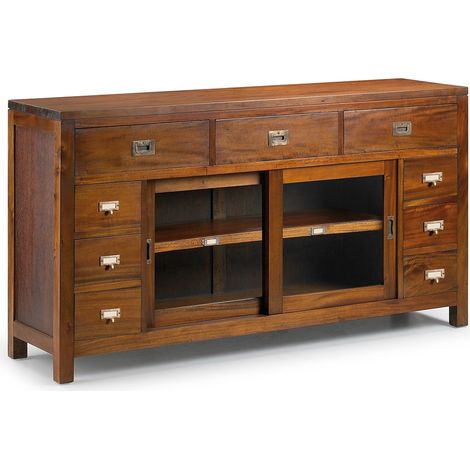 Buffet en bois d'acajou massif FALKANE 150cm - 2 portes vitrées et 9 tiroirs (1/5)
