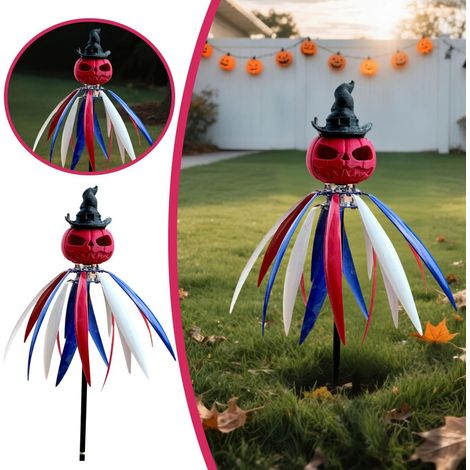 Pumpkin Windmill - Metal Outdoor Wind Spinner - Garden Lawn Ornament for Yard Patio Farm - 1 Piece (1/5)