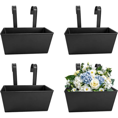 Lot de 4 pots de fleurs suspendus pour balcon et jardin, 27 x 24,5 cm, avec crochets amovibles, pour balcon et jardin, cache-pots résistants aux intempéries, en métal, pour l'intérieur et (1/5)