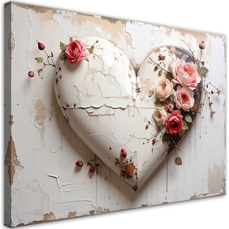 Quadro su tela, Cuore 3D amore rosa fiore in stile shabby chic, 30x20 (1/5)