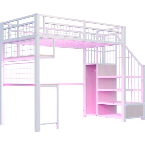 Lit mezzanine en métal 90 x 200 cm, avec bande lumineuse et prise de charge, avec escalier de rangement et armoire simple, complet avec étagères, bureau et étagère grillagée, blanc (1/5)