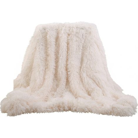 Plaid Fausse Fourrure - Poils Longs 35 mm - Pour Canapé Fauteuil Lit - Blanc - 160 x 200 cm