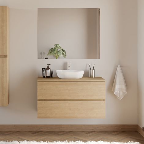 Meuble de salle de bain 90cm avec plateau et vasque à poser arrondie - 2 tiroirs - nebraska (chêne clair) - IDA (1/5)