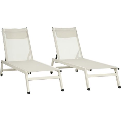 Chaise Longue Lettino Prendisole Reclinabile 2pz in Alluminio e Poliestere, 55x195x30 cm, Beige
