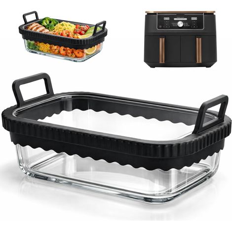 Plat à four noir Airfryer pour friteuse à air chaud AF400EU/DZ400EU/AF500EU/ 2 compartiments, accessoires en verre, sans BPA, anneau en silicone amovible (1/5)