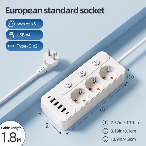 Multiprise EU 3/5 prises + 6USB (4A+2C), interrupteurs indépendants, 2500W, fixation murale,Blanc (1/5)