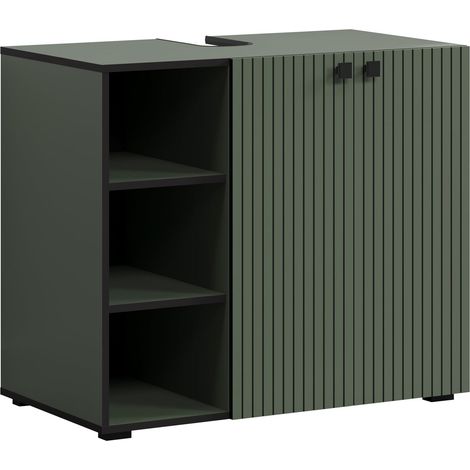 Meuble sous-lavabo - Vert - Aspect rainuré - 3 Compartiments Ouverts + 1 étagère - 90 x 79 x 53 cm - Poignées métalliques élégantes (1/5)