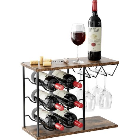 Casier à vin rétro 2 en 1 avec porte-verres 6 bouteilles marron