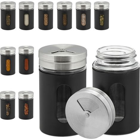 Gewürzstreuer, 12er Set, 3 Streugrade, Gewürze & Kräuter, Gewürzgläser, 90 ml, Glas, Edelstahl, schwarz/silber