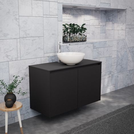 Inda - Badezimmerschrank B.100 mit Aufsatzwaschbecken / Mattschwarz 2 Türen - Saphir (1/5)
