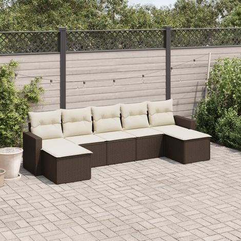 7-tlg. Garten-Sofagarnitur mit Kissen Braun Poly Rattan (1/3)