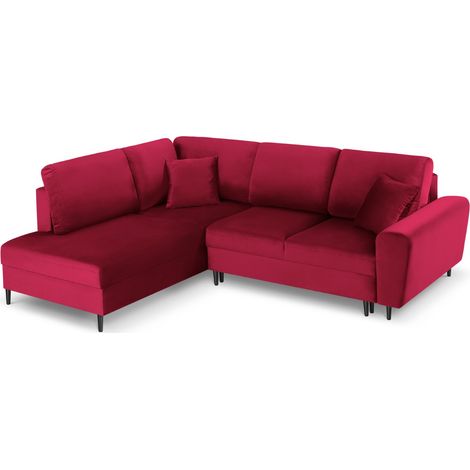 Canapé d'angle gauche convertible + box 5 places en velours rouge (1/5)
