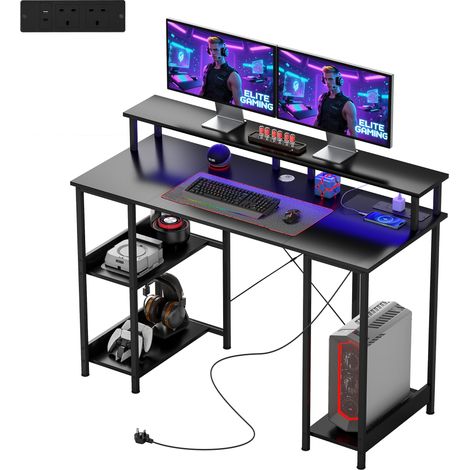LED Computer Desk, with Power Outlets Shelves - Carbon Fibre Grey (1/5)