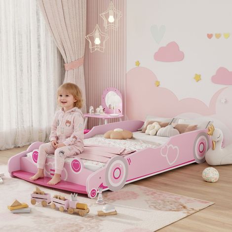 Lit enfant 70x140 cm avec barrière anti-chute et sommier à lattes, tête de lit en forme de voiture, rose
