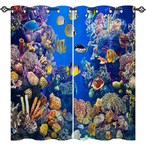 Rideau Occultant Océan Coraux Tropical Poisson Tenture Opaque à Oeillets Draperies Intérieurs Rideau Thermique Isolant pour Maison Chambre Salon Fenetre 2 Pièces L 77 x H 160 cm - 77L X 160H cm (2 Pan (1/5)