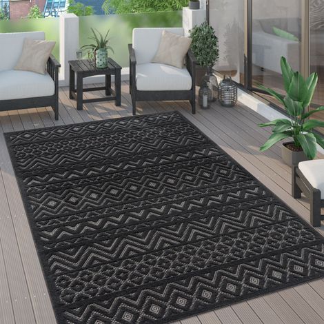 Paco Home Outdoor Teppich wetterfest Boho & Skandi 3D-Optik für Terrasse, Balkon & Garten Anthrazit, 160 cm Rund