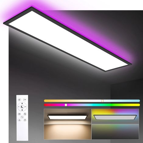 LEDANDER Panneau LED 120x30 cm, Plafonnier dimmable avec télécommande, 40 W avec rétroéclairage RGB, fonction mémoire, 3000K-6500K – Plafonnier LED rectangulaire pour cuisine, salon, bureau