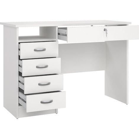 Scrivania Da Ufficio Con 5 Cassetti E Cassetto Con Serratura Desk Moderno Salvaspazio Per Studio Cameretta E Home Office 109.3 x 48.5 x 75.6 Cm Bianco