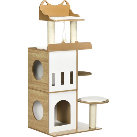 Albero per Gatti con Tiragraffi 60x48x133 cm 2 Casette Posatoi e Pallina Gioco in MDF Peluche e Sisal Rovere e bianco (1/5)