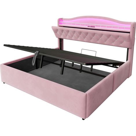 Polsterbett 180 x 200 cm aus rosa Samt mit LED, USB und USB-C (1/5)
