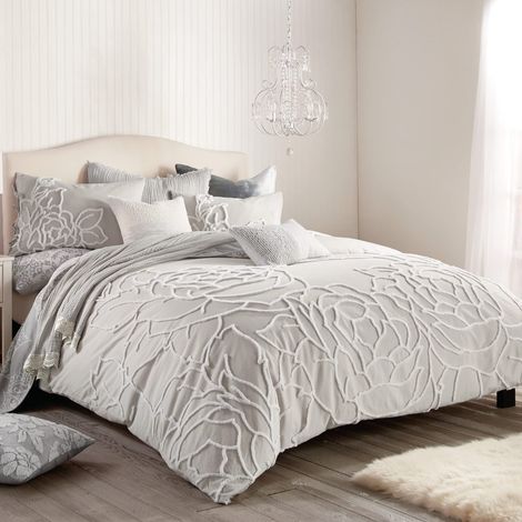 Parure de lit 3 pièces 100% Coton avec Housse de Couette et taies d'oreiller, lit Double/Grand lit, Gris Chenille Rose (1/5)