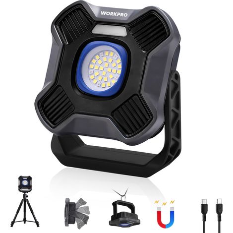 WORKPRO Lampe de Travail LED Rechargeable 2000LM, 5 Modes, Projecteur Magnétique Portable avec Support 180°, Batterie 4000mAh & Power Bank, Lampe Portable pour Camping, Réparation Auto et Urgence