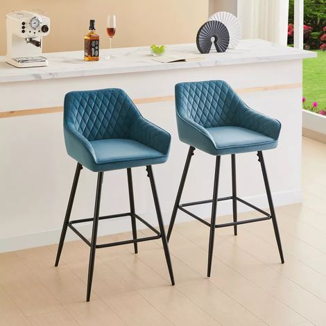 AINPECCA 2X Velvet Bar stools Fabric Upholstered seat with Backrest Armrest Black Metal Legs Kitchen Breakfast Counter Chairs Teal (1/5)